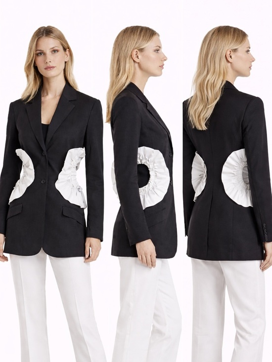 M Signature Label Collection Jackets & Blazers - Black & White Ruffle Open Cut Out Side Jacket